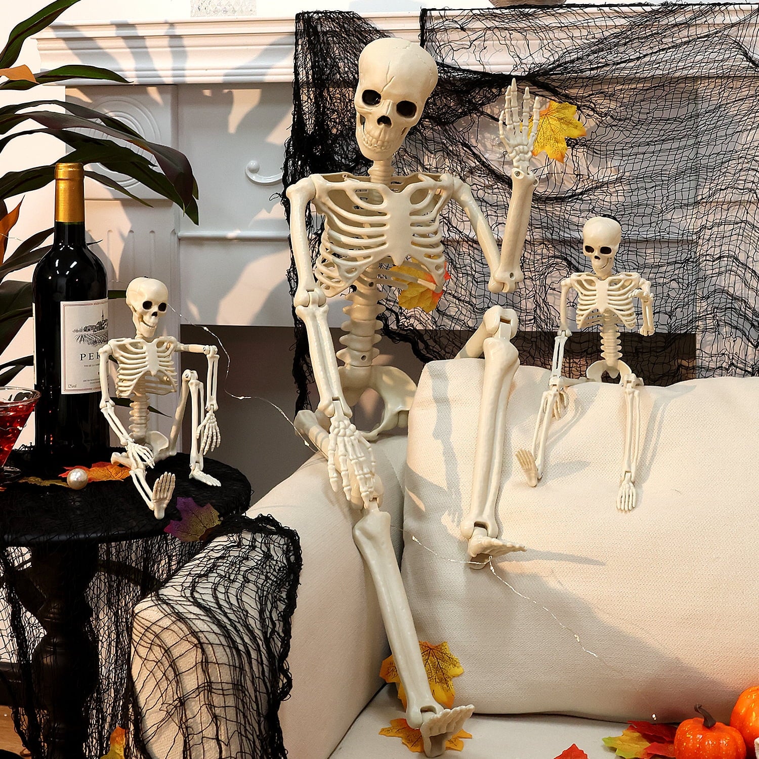 3Pcs Halloween Skeleton Decorations, Posable Skeletons Halloween Decorations Indoor Outdoor