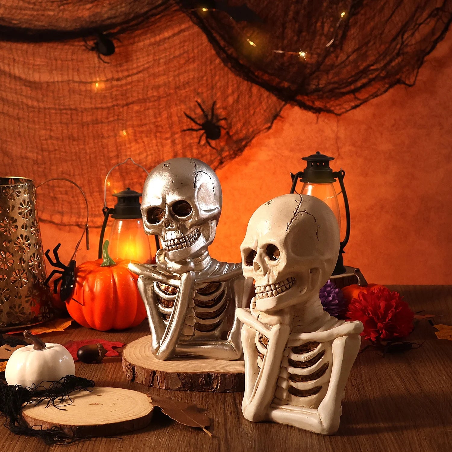 2Pcs Halloween Skeleton Decorations, Thinking Skeleton Halloween Figurines, Halloween Table Decor