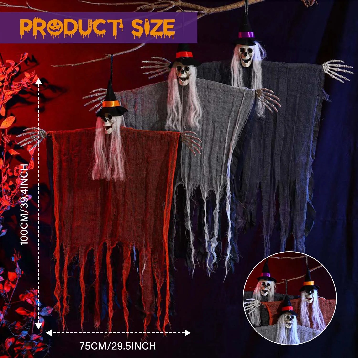 3Pcs Halloween Hanging Ghosts, Halloween Decorations Outdoor Indoor Scary Skeleton Ghosts, Haunted House Props