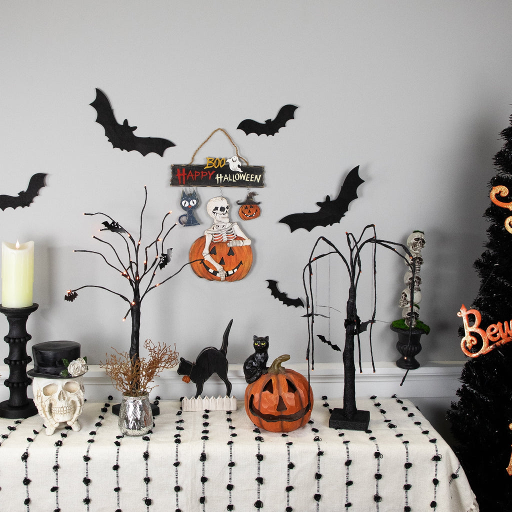 14.5" Skeleton with Jack-O-Lanterns and Black Cat "Happy Halloween" Wall Sign
