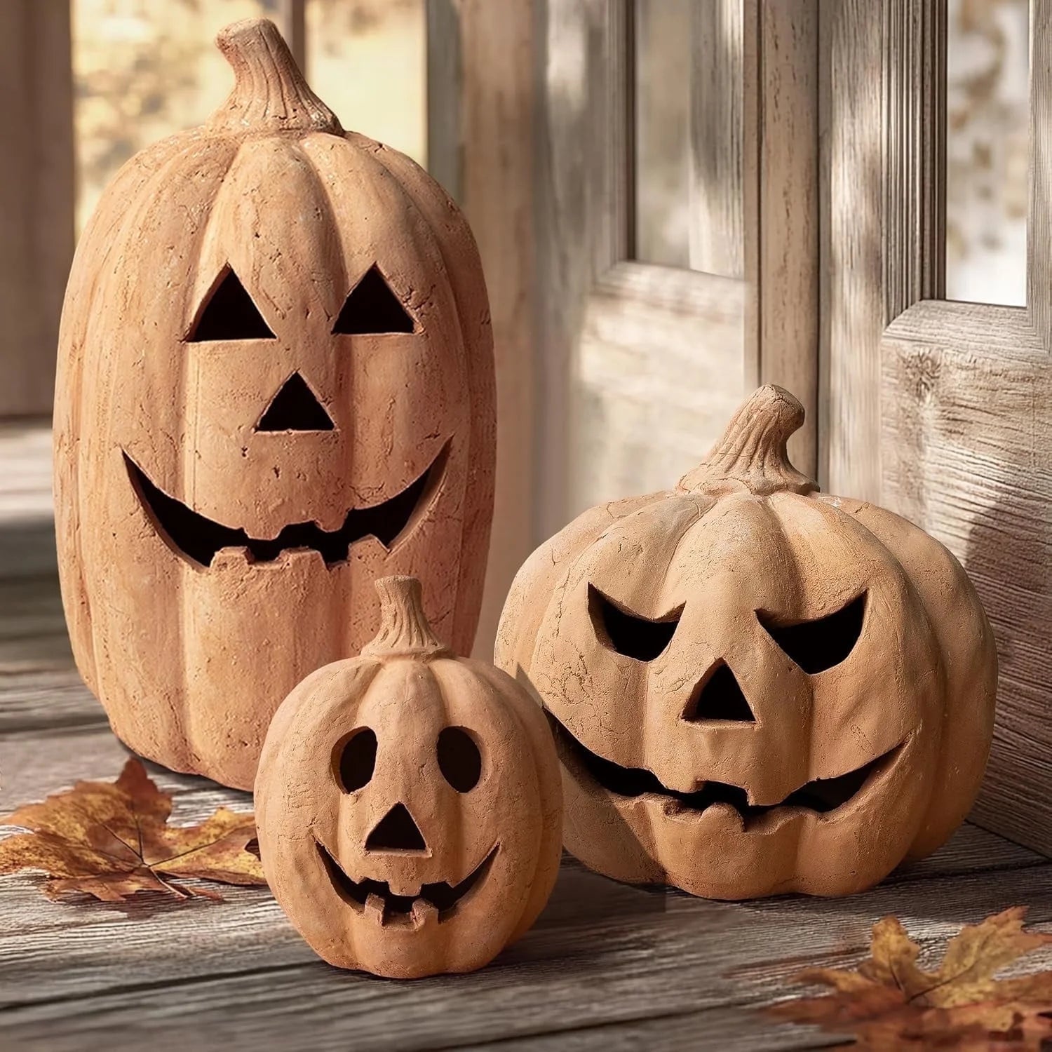 Fall Decor -  - Handmade Terracotta Pumpkin Jack O' Lantern Outdoor Indoor -Cute Halloween Farmhouse Autumn Festival Decoration for Home Table Porch Mantel Front Door Room C