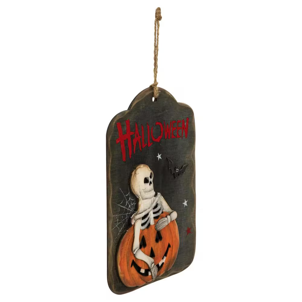 9.75" Skeleton and Jack-O-Lantern Halloween Wall Sign