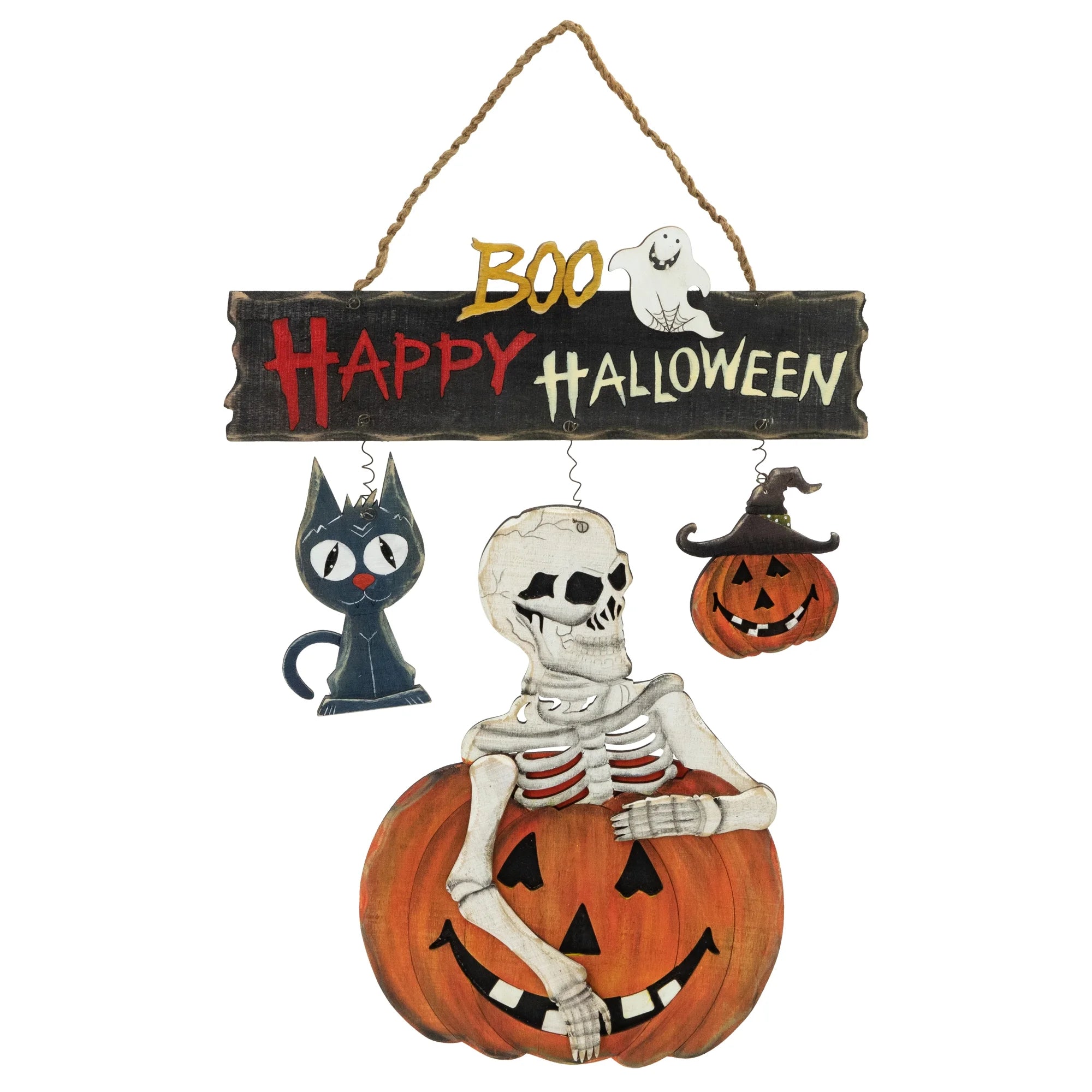 14.5" Skeleton with Jack-O-Lanterns and Black Cat "Happy Halloween" Wall Sign