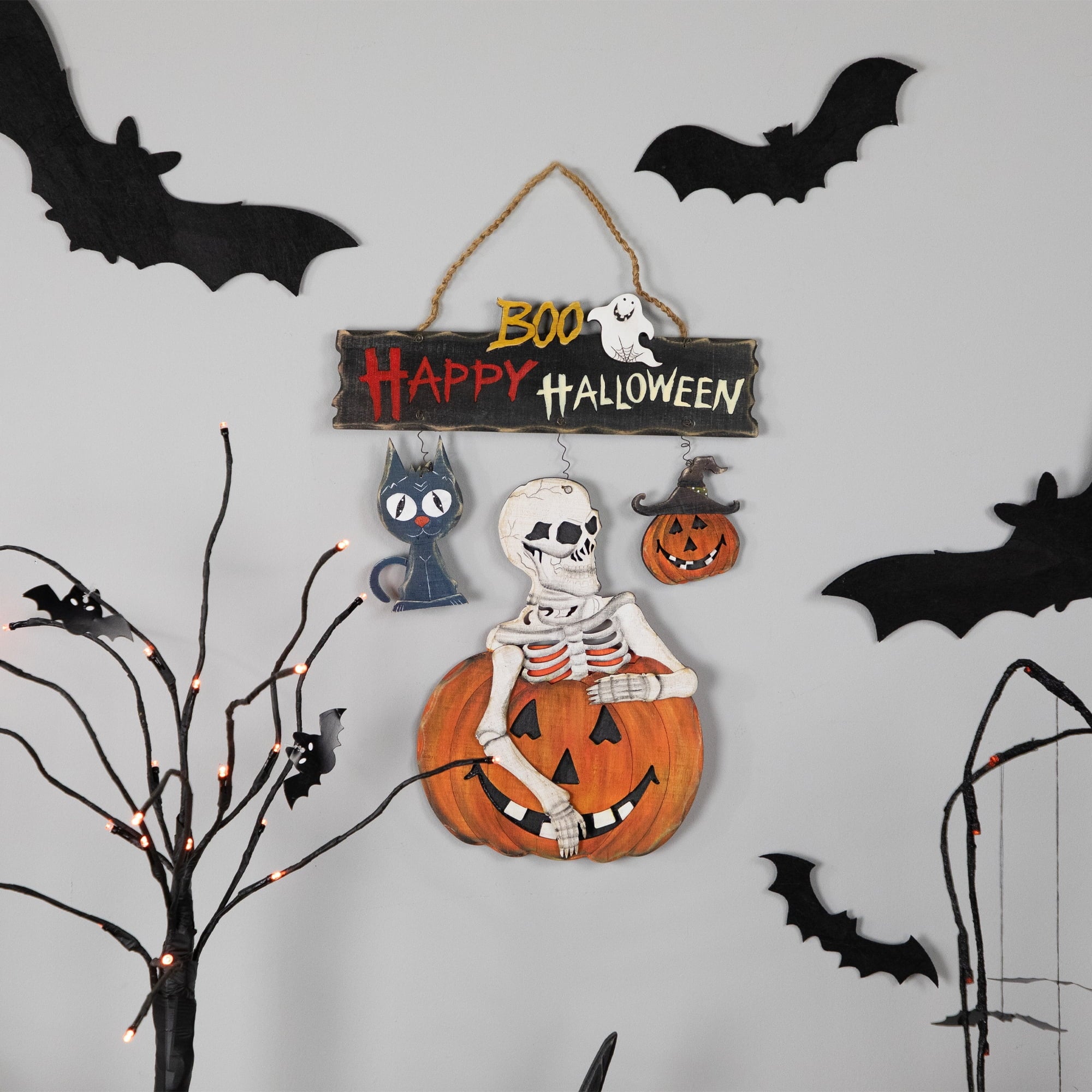 14.5" Skeleton with Jack-O-Lanterns and Black Cat "Happy Halloween" Wall Sign