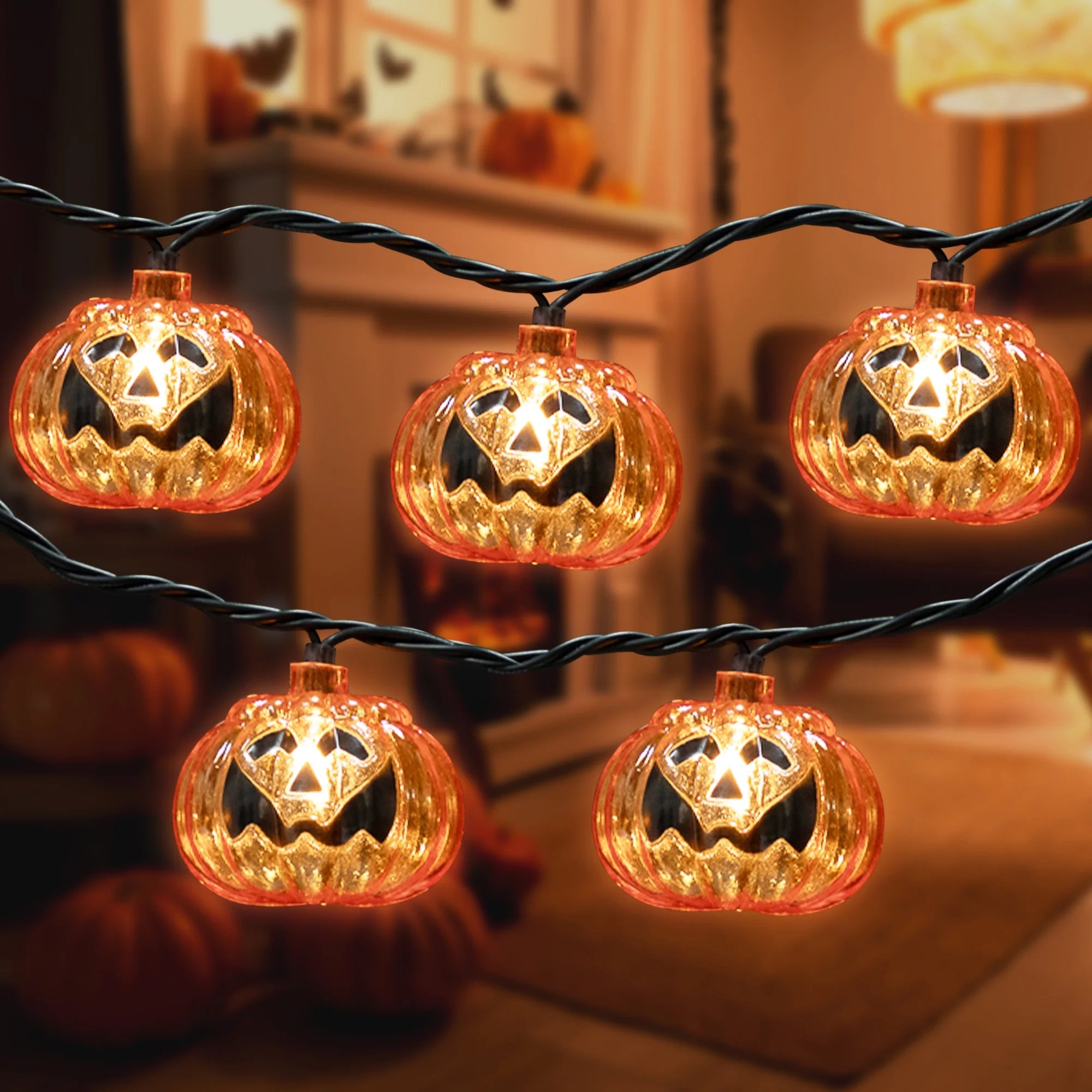 Jack O Lantern Halloween Lights - 7.5' Black Wire - 10Ct