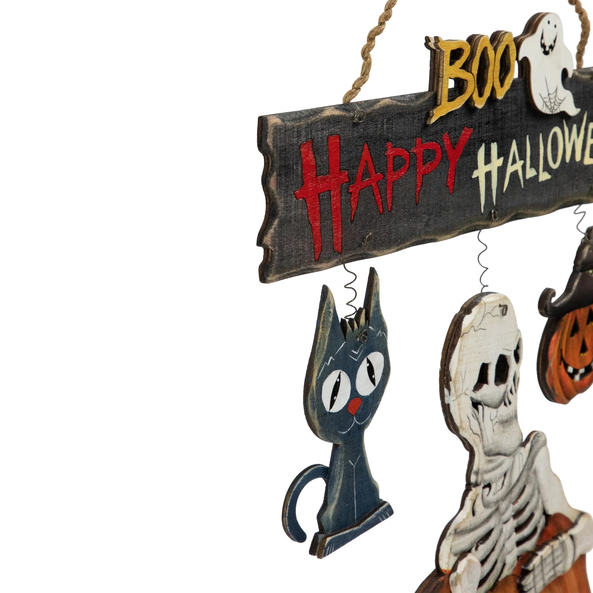 14.5" Skeleton with Jack-O-Lanterns and Black Cat "Happy Halloween" Wall Sign