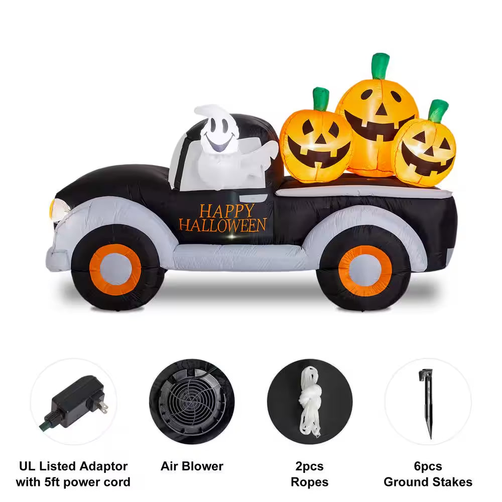 8 Ft. Lighted Halloween Inflatable Truck with Jack-O-Lantern Pumpkins Decor