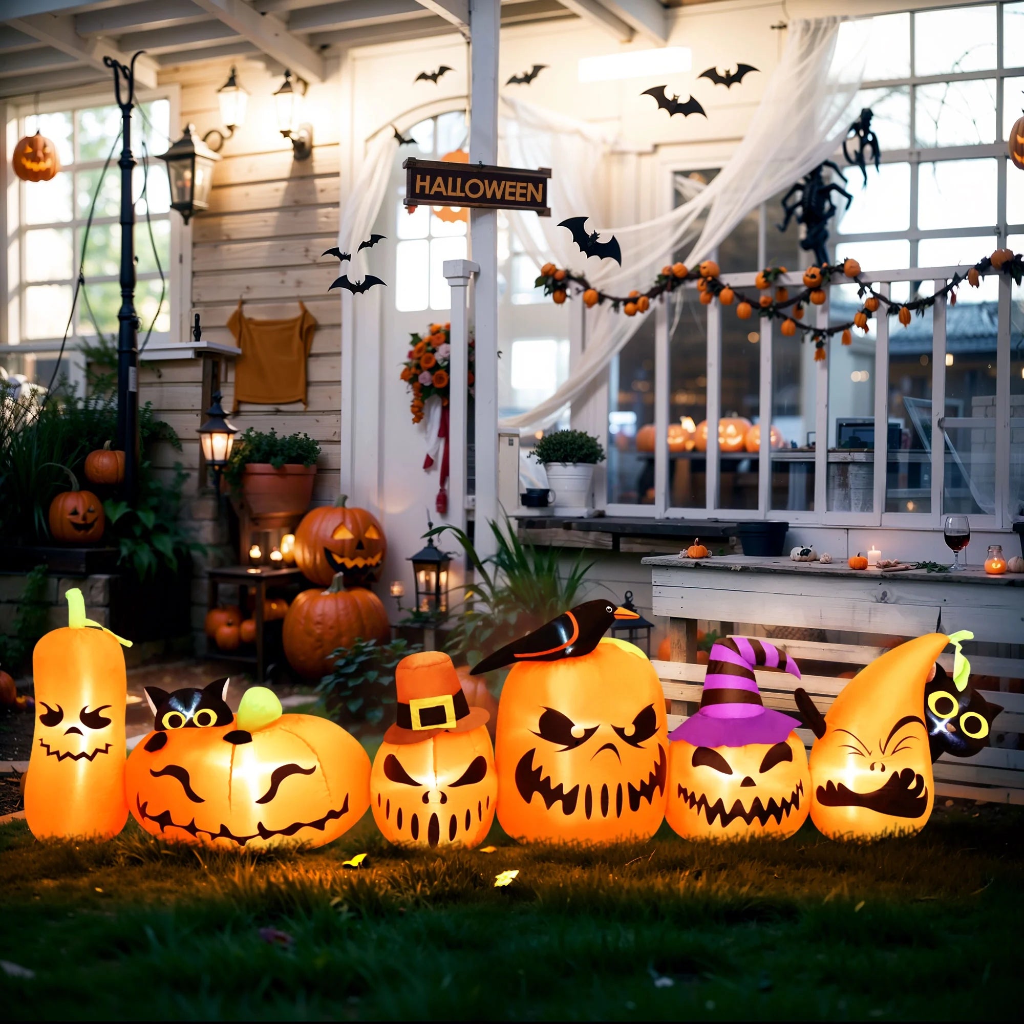 8 FT Halloween Inflatables Horizontal Pumpkins Row，Halloween Decorations Windproof Waterproof Blow up Halloween Decor