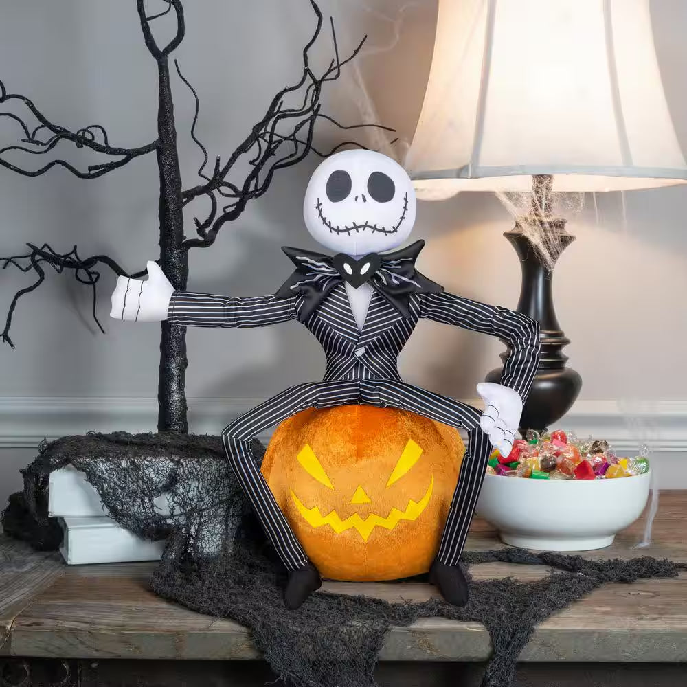17In. Jack Skellington on Jack-O'-Lantern Standing Halloween Greeter Holiday Decor
