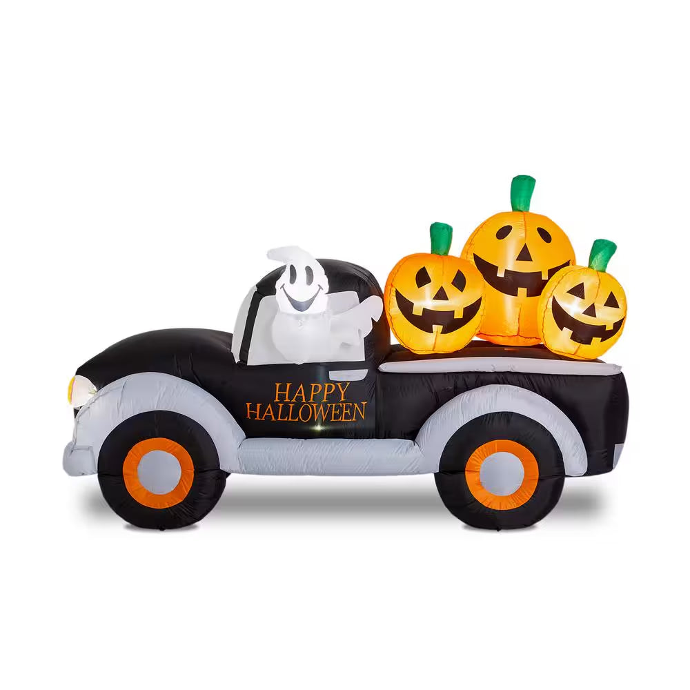 8 Ft. Lighted Halloween Inflatable Truck with Jack-O-Lantern Pumpkins Decor