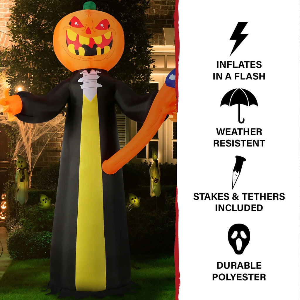 10-Ft. Inflatable Halloween Jack-O-Lantern Reaper LED Lights | Festive Holiday Blow-Up Decorations | Blower, Ropes, and Stakes Included | HIJOL102-LA