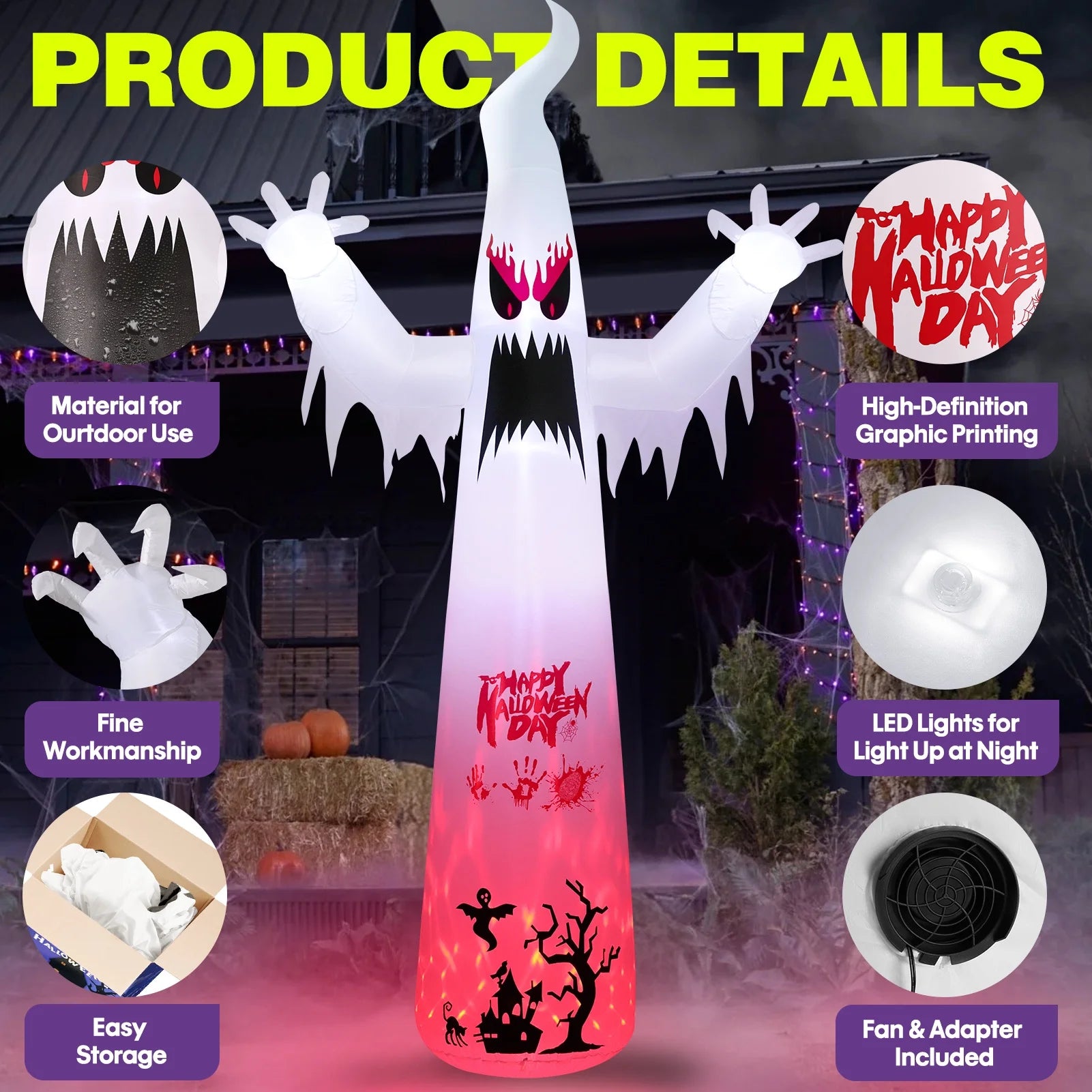 10FT Halloween Inflatables Blow up LED Giant Red Ghost for Outdoor Halloween Yard Inflatables Garden Yard Lawn