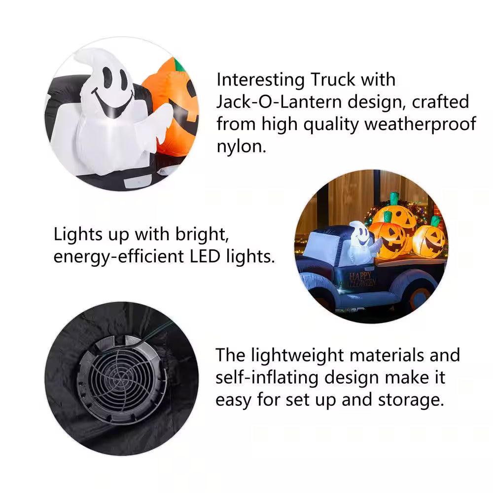 8 Ft. Lighted Halloween Inflatable Truck with Jack-O-Lantern Pumpkins Decor
