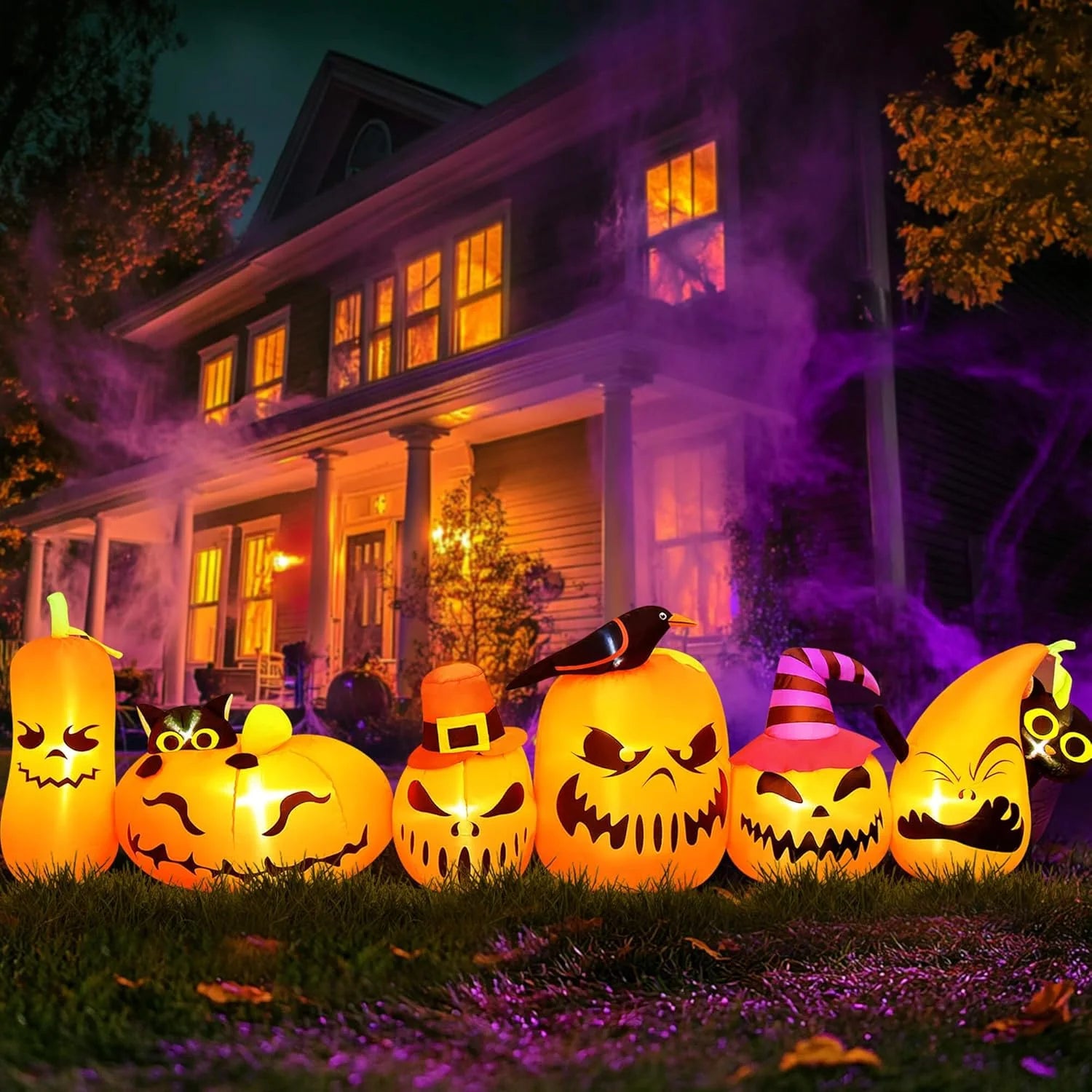 8 FT Halloween Inflatables Horizontal Pumpkins Row，Halloween Decorations Windproof Waterproof Blow up Halloween Decor