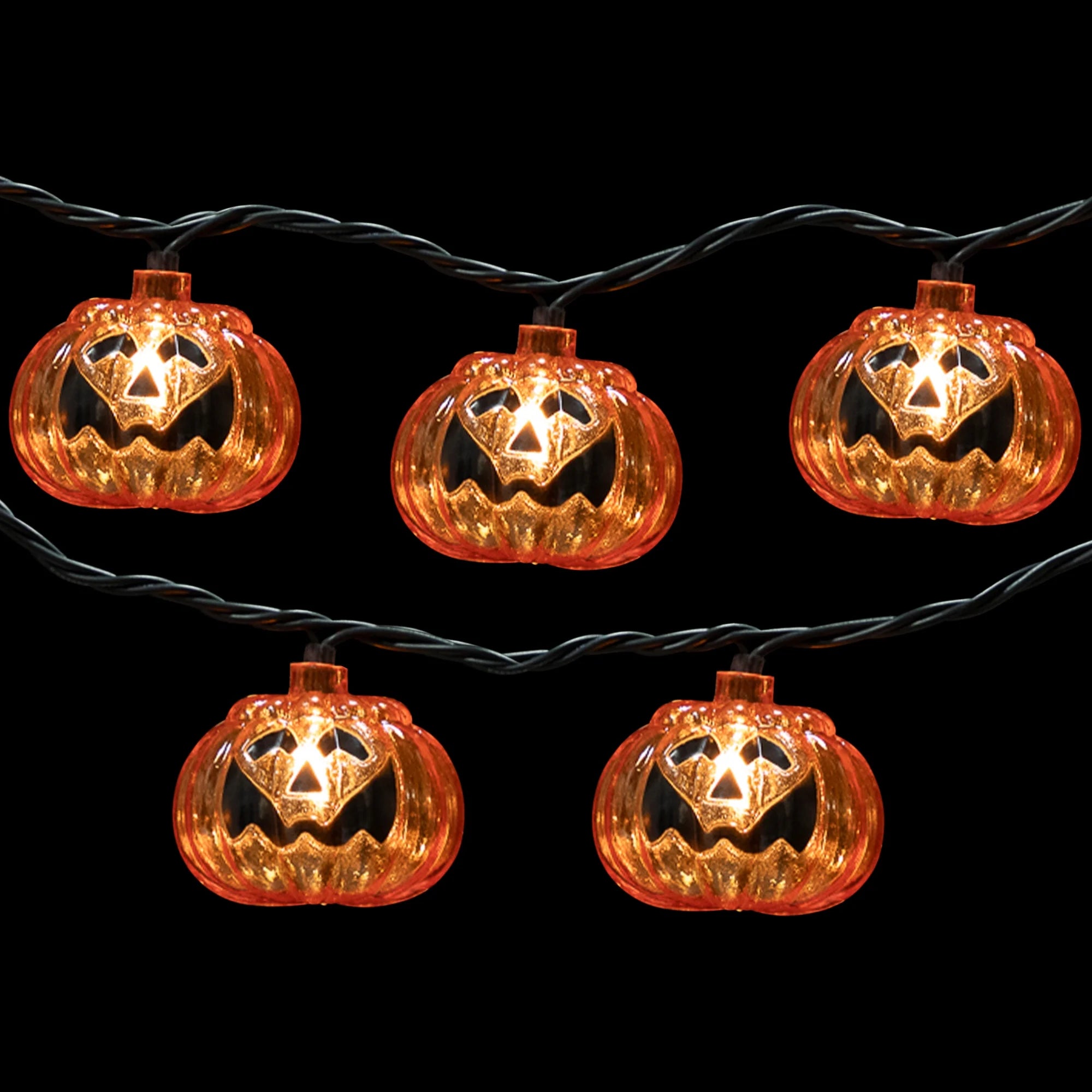 Jack O Lantern Halloween Lights - 7.5' Black Wire - 10Ct