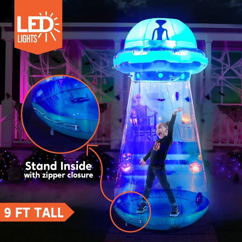 9 FT Halloween Inflatable Outdoor Decoration, Halloween Blow Ups for Yard Decoration, Inflatable UFO Halloween Decor with Leds for Halloween Decorations outside Halloween Party Decorations(Cow Not Included)