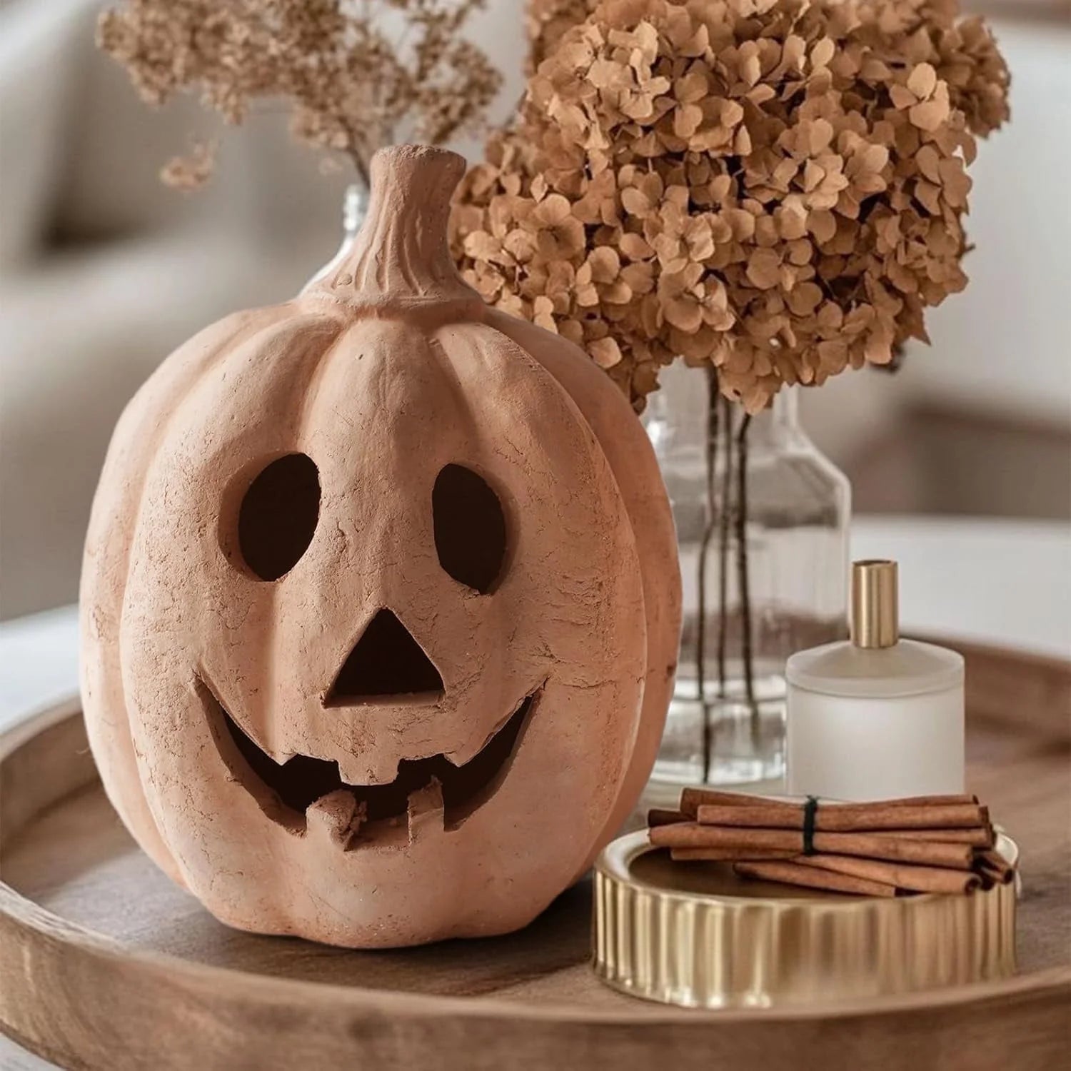 Fall Decor -  - Handmade Terracotta Pumpkin Jack O' Lantern Outdoor Indoor -Cute Halloween Farmhouse Autumn Festival Decoration for Home Table Porch Mantel Front Door Room C