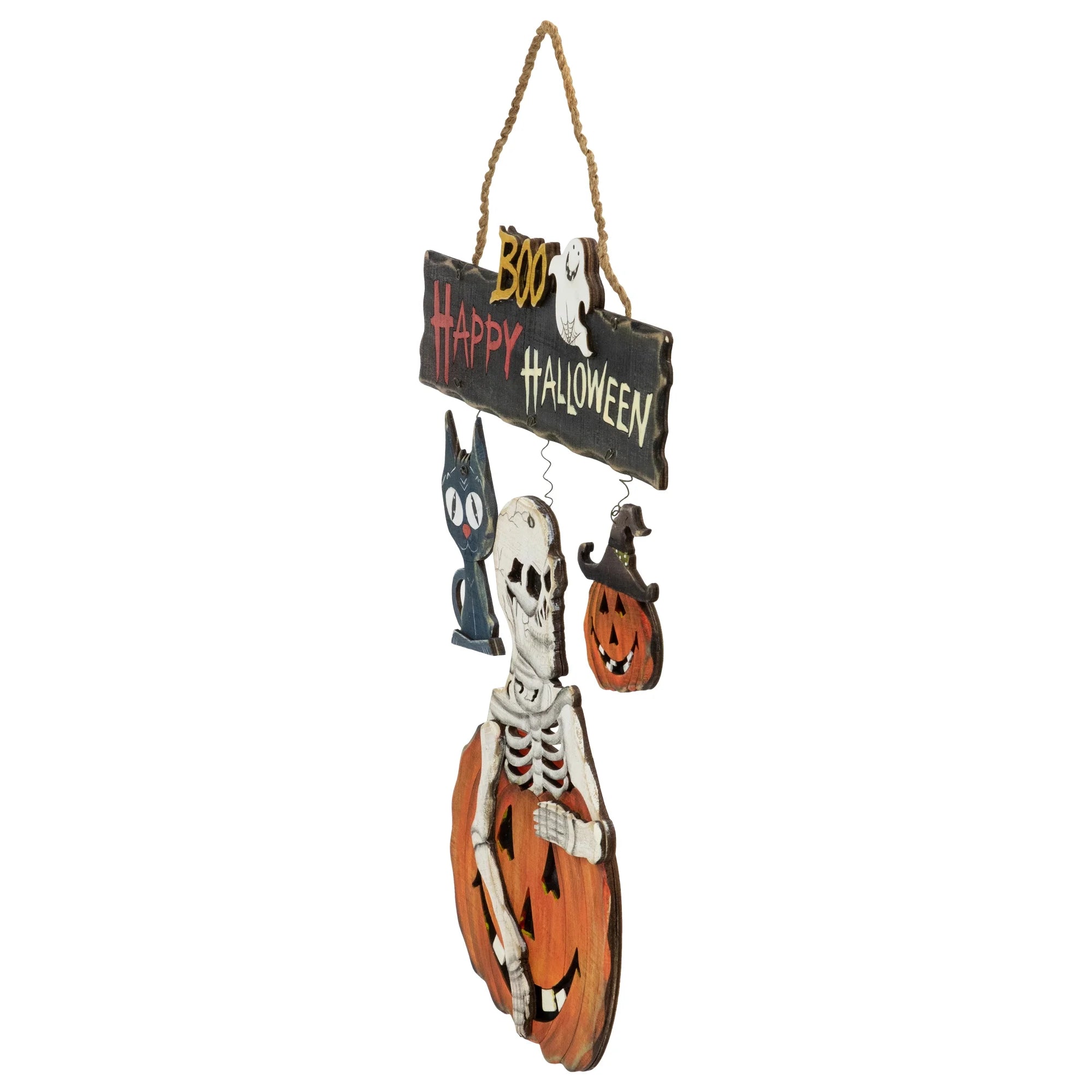 14.5" Skeleton with Jack-O-Lanterns and Black Cat "Happy Halloween" Wall Sign