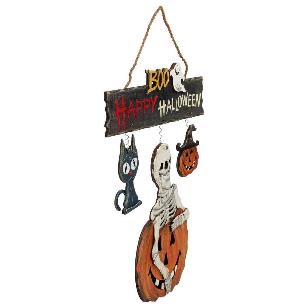14.5" Skeleton with Jack-O-Lanterns and Black Cat "Happy Halloween" Wall Sign