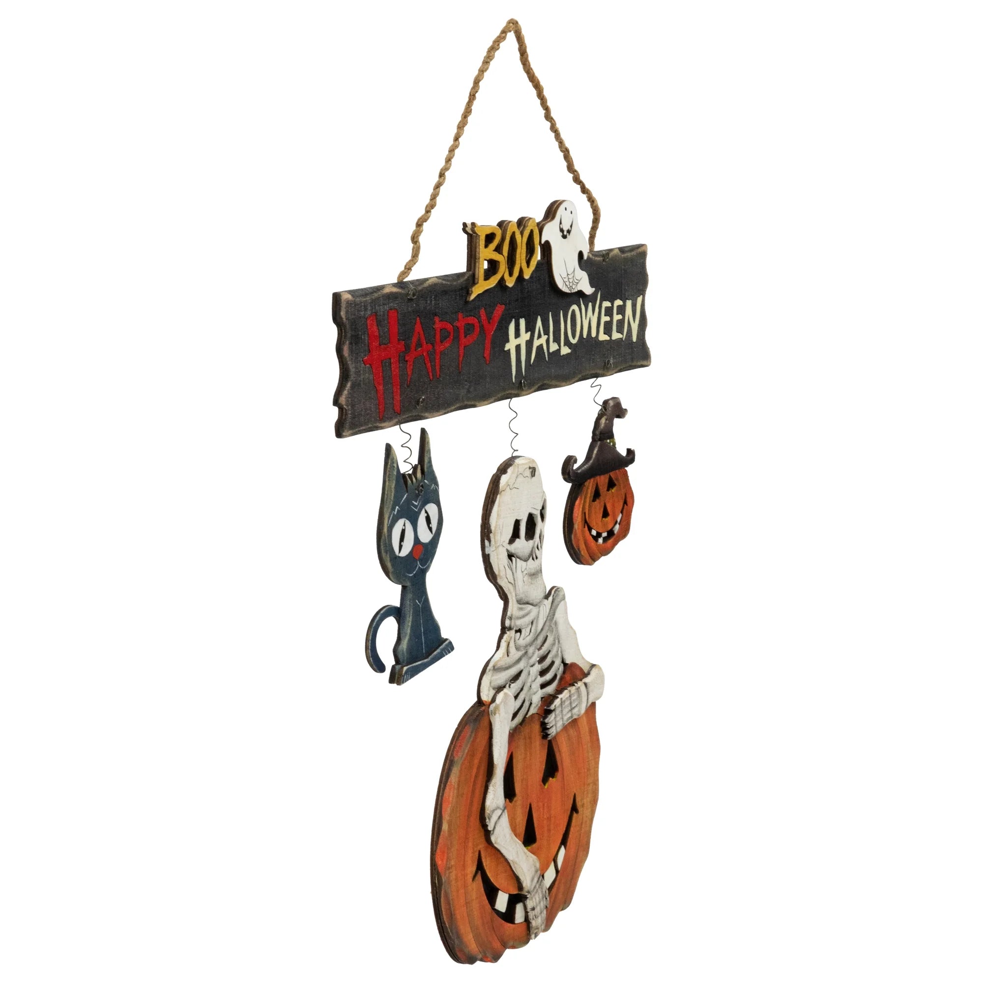 14.5" Skeleton with Jack-O-Lanterns and Black Cat "Happy Halloween" Wall Sign