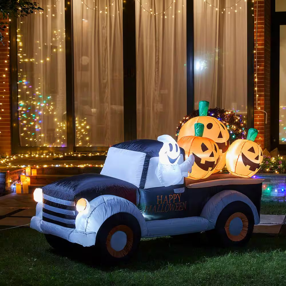 8 Ft. Lighted Halloween Inflatable Truck with Jack-O-Lantern Pumpkins Decor