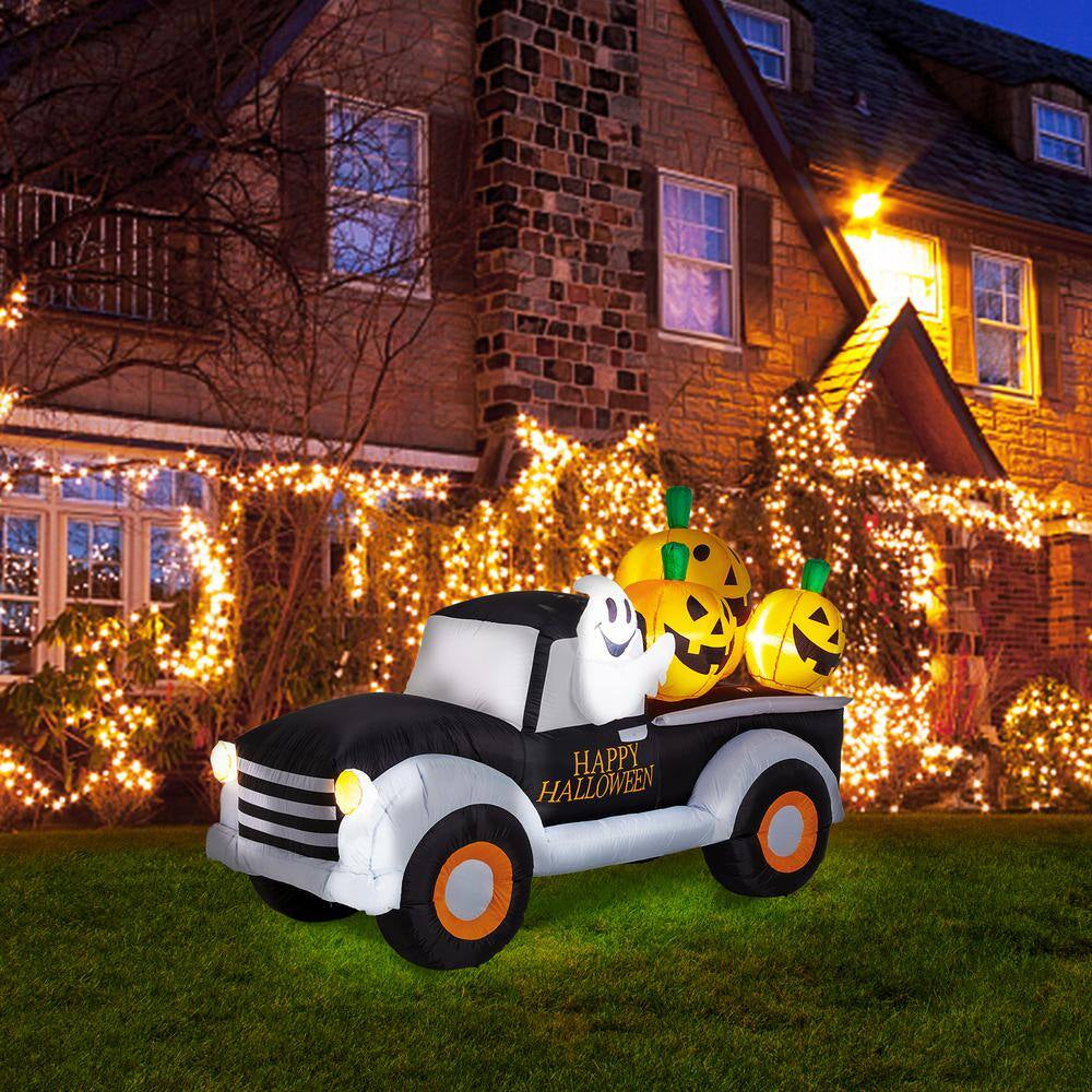 8 Ft. Lighted Halloween Inflatable Truck with Jack-O-Lantern Pumpkins Decor
