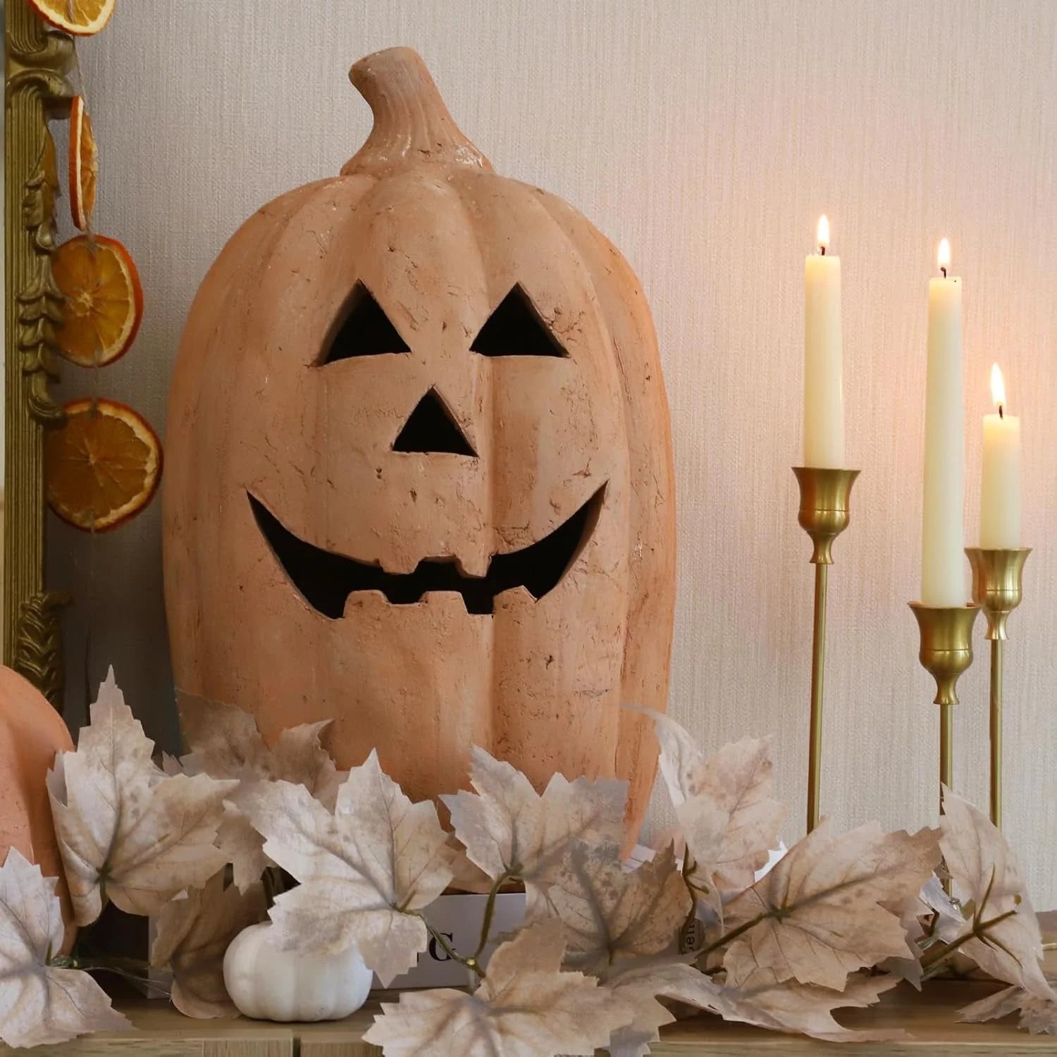 Fall Decor -  - Handmade Terracotta Pumpkin Jack O' Lantern Outdoor Indoor -Cute Halloween Farmhouse Autumn Festival Decoration for Home Table Porch Mantel Front Door Room C