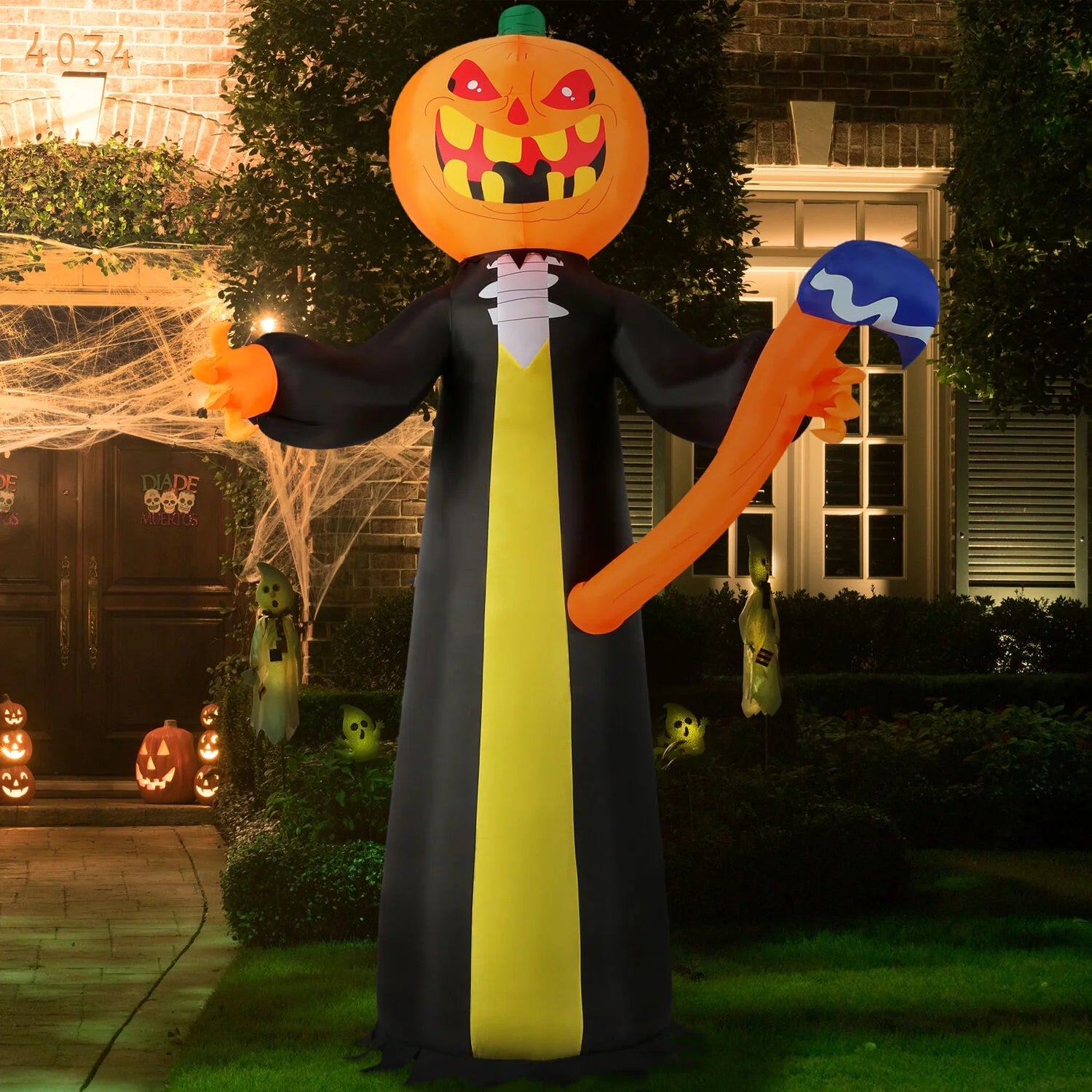 10-Ft. Inflatable Halloween Jack-O-Lantern Reaper LED Lights | Festive Holiday Blow-Up Decorations | Blower, Ropes, and Stakes Included | HIJOL102-LA