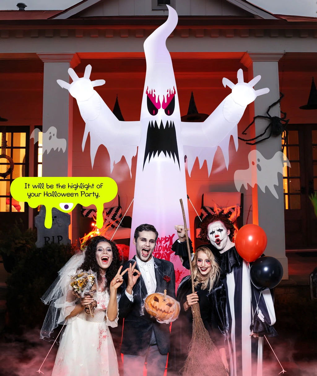 10FT Halloween Inflatables Blow up LED Giant Red Ghost for Outdoor Halloween Yard Inflatables Garden Yard Lawn
