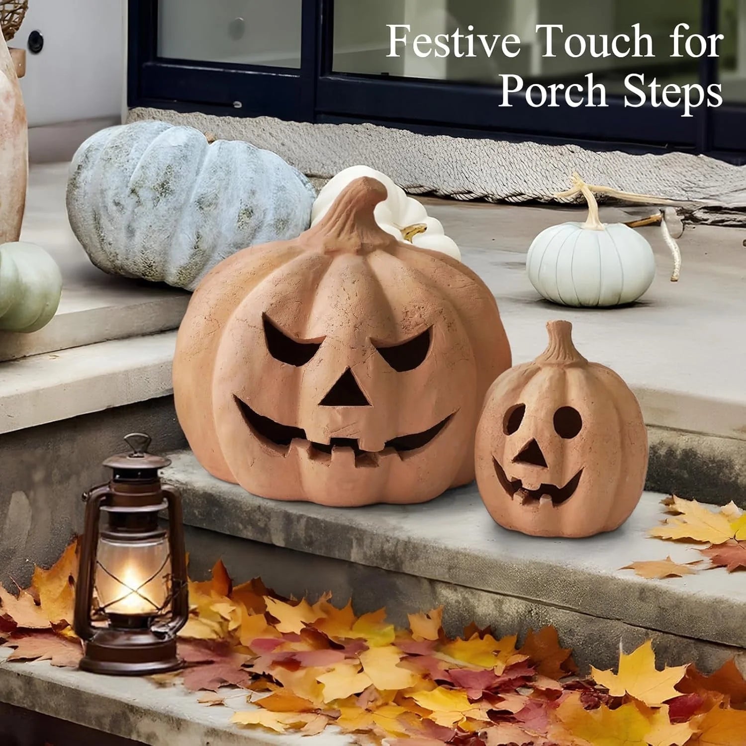 Fall Decor -  - Handmade Terracotta Pumpkin Jack O' Lantern Outdoor Indoor -Cute Halloween Farmhouse Autumn Festival Decoration for Home Table Porch Mantel Front Door Room C