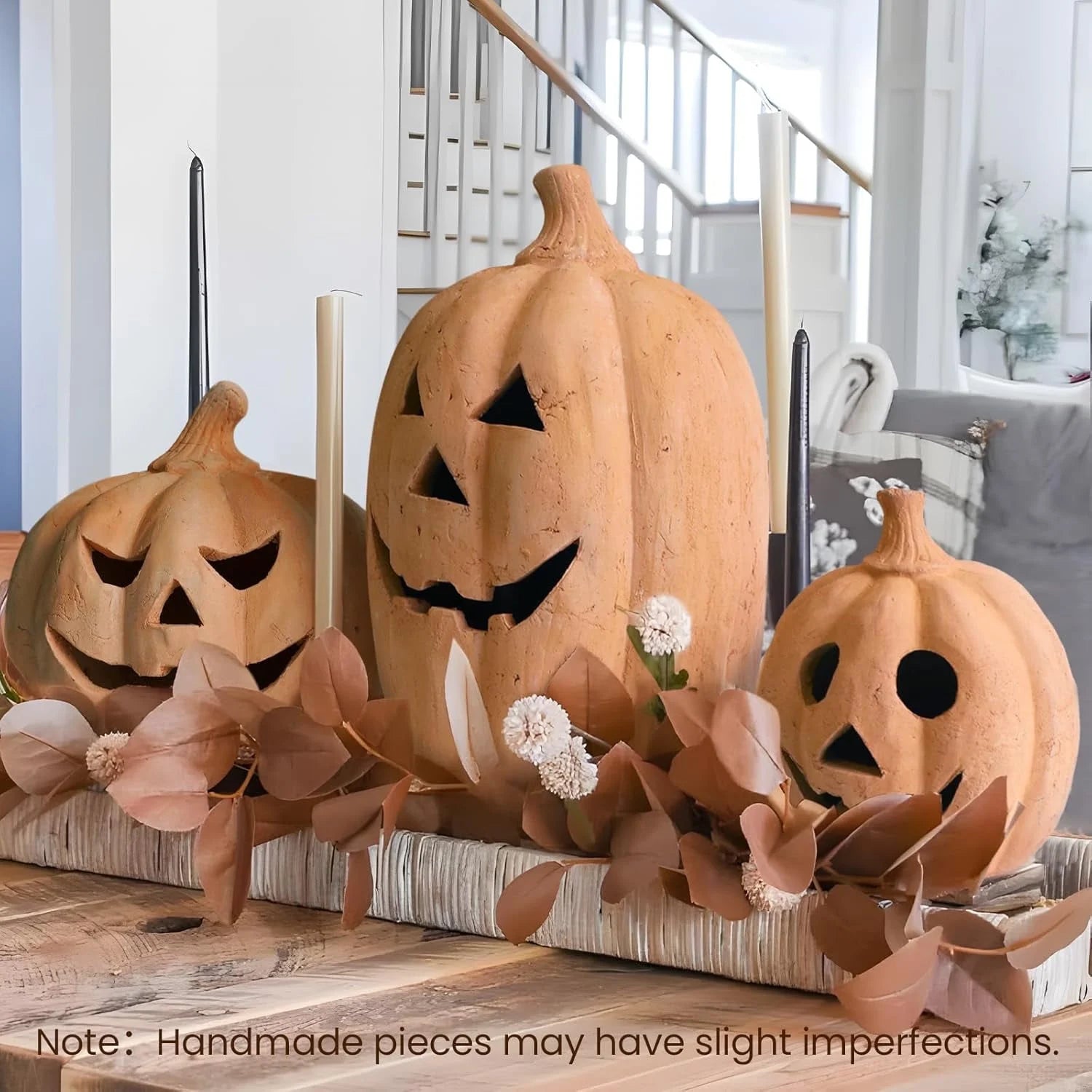 Fall Decor -  - Handmade Terracotta Pumpkin Jack O' Lantern Outdoor Indoor -Cute Halloween Farmhouse Autumn Festival Decoration for Home Table Porch Mantel Front Door Room C