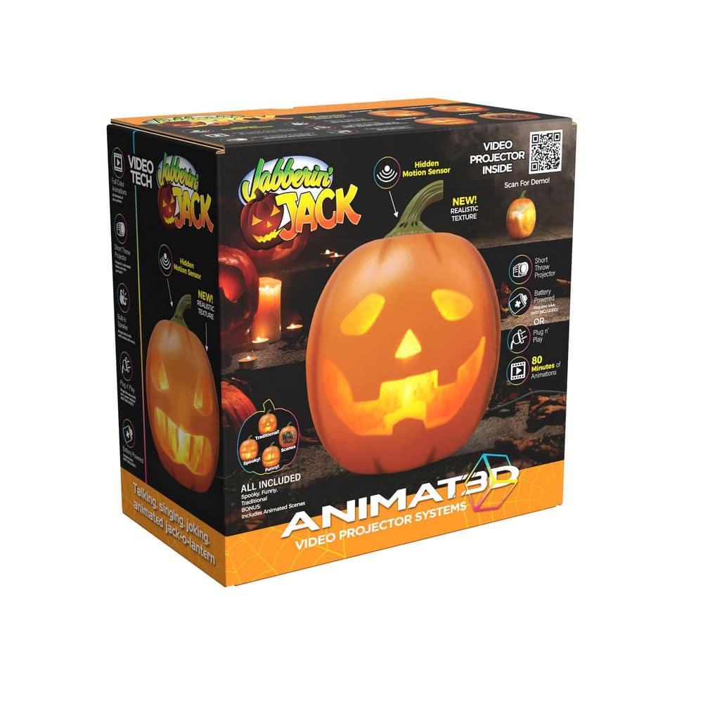 Jabberin’ Jack 12 In. Animated Built-In Projector and Speaker USB or Battery Orange Pumpkin Halloween Decor